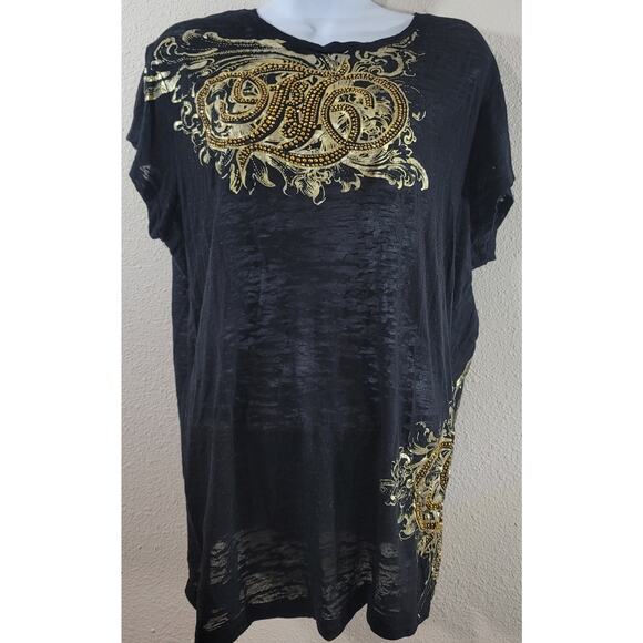 Fabulosity Black Gold Metal Studded Bodice Burnout Material Top 2X Lightweight - Picture 1 of 7